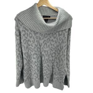 Rachel Zoe Women's Knitted Cowl Neck Leopard Print Pullover Sweater Gray Medium